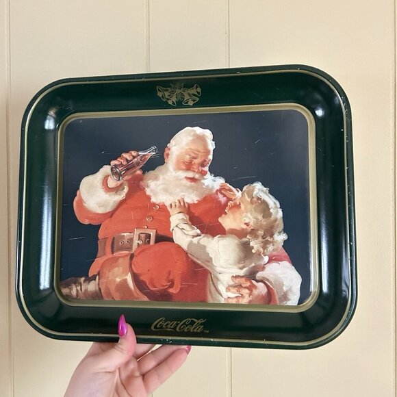 Coca-Cola Other - Vintage 1983 Santa Claus Coca Cola Metal Serving Tray Christmas Collectible Girl